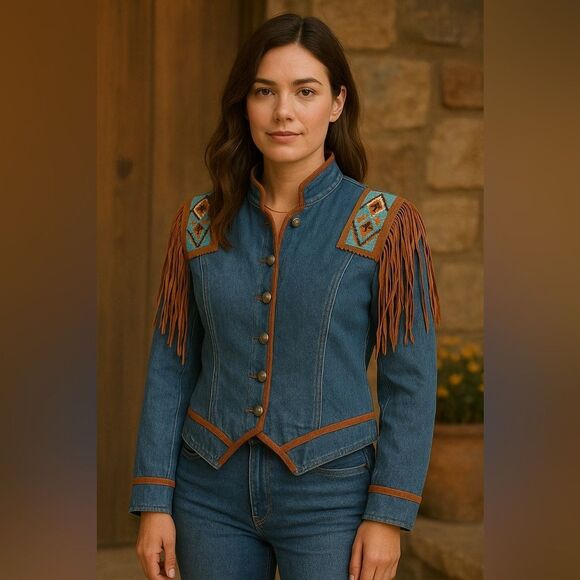 Vintage Frontier Collection Western Beaded Fringe Denim Biker Jacket, Size M - Picture 1 of 16